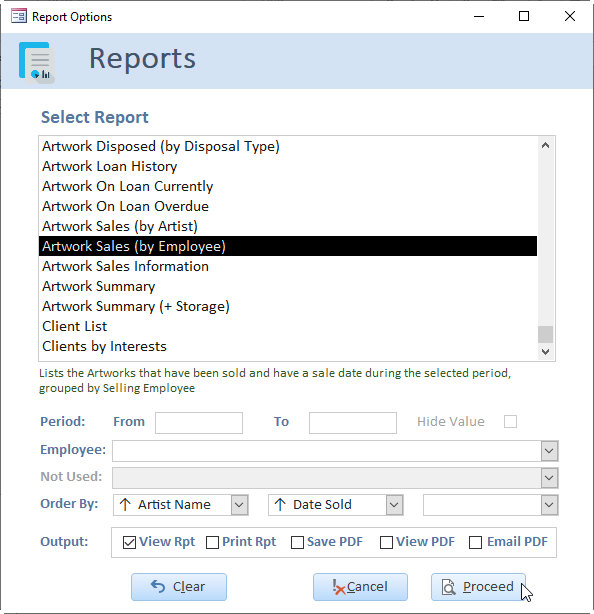 screenshot of Artwork Collection Database